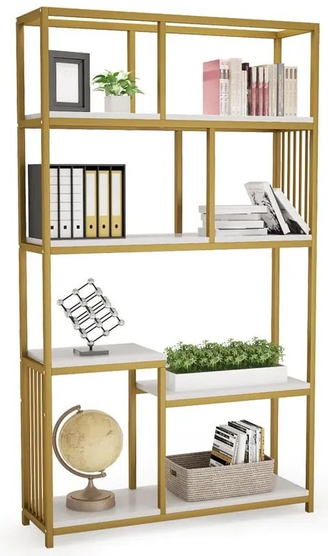 Βιβλιοθήκη-Ραφιέρα Denver pakoworld με χρυσό μεταλλικό σκελετό και λευκή όψη μαρμάρου 100x30x180εκ