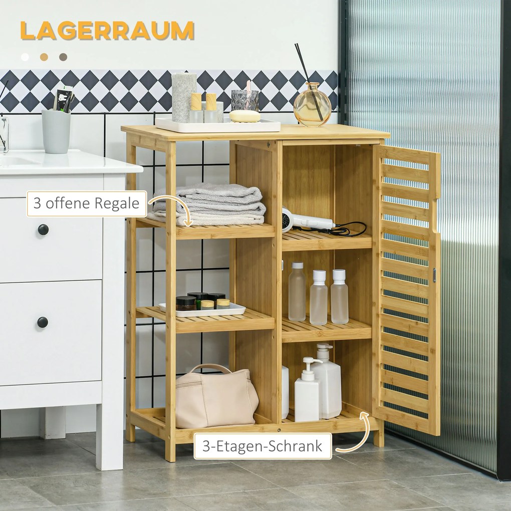 Ντουλάπι μπάνιου kleankin από μπαμπού, 3 ράφια, 1 ντουλάπι με περσίδες πόρτες, φυσικό