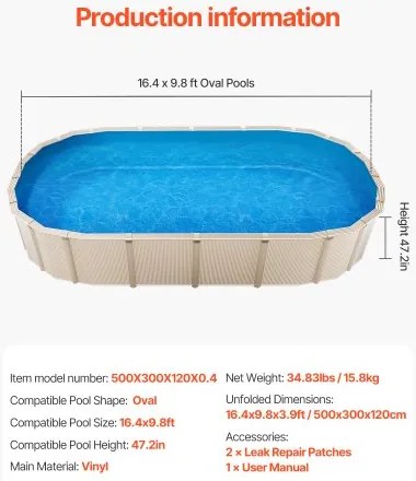 VEVOR Oval Pool Liner 16.4x9.8ft Unibead Style Pool Liner 47in Wall Height