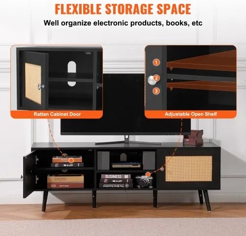 VEVOR Rattan TV Stand for 65&quot; TV Boho TV Stand with Build-in Socket Black