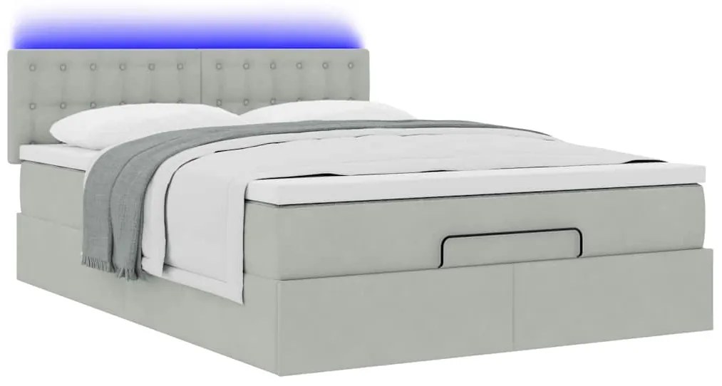 vidaXL Οθωμανικό κρεβάτι με στρώμα & LEDs Ανοιχτό γκρι Βελούδο