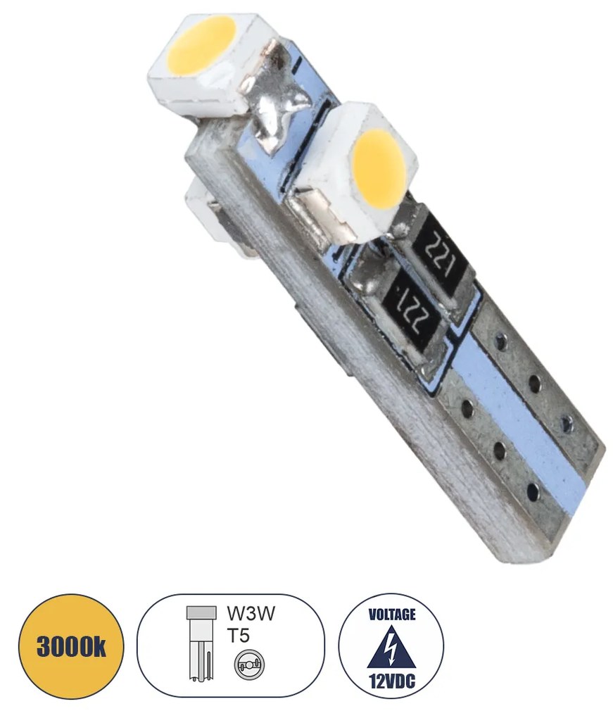 GloboStar® 81030 Λάμπα Αυτοκινήτου LED T5 3xSMD1210 0.9W 135lm 360° DC 12-16V IP20 Φ0.6 x Υ2cm Θερμό Λευκό 3000K