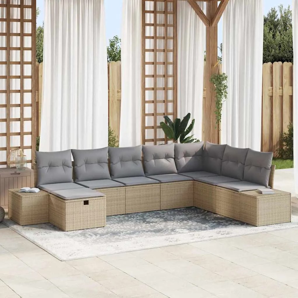 vidaXL Σετ Καναπέ Κήπου με μαξιλάρι 8 pcs Μπεζ Πολυ ράταν