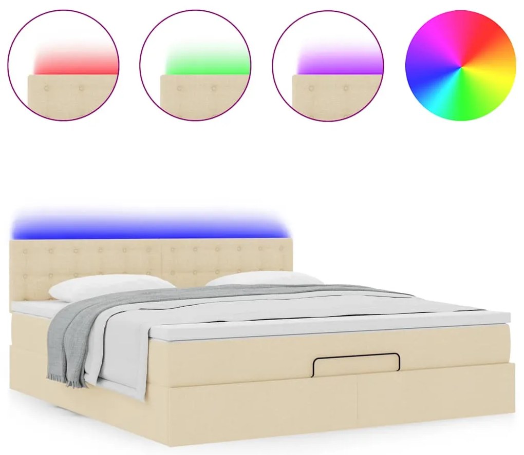 vidaXL Οθωμανικό κρεβάτι με στρώμα & LEDs Cream 160x200cm ύφασμα