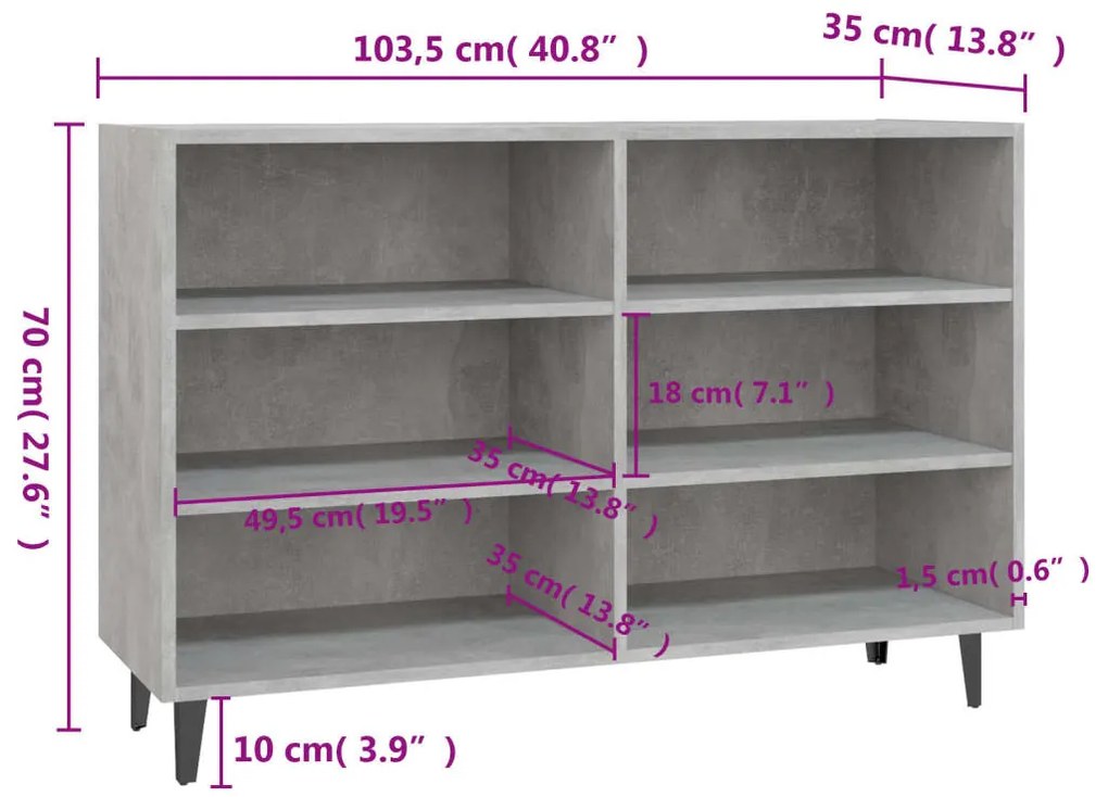 vidaXL Ραφιέρα Γκρι Σκυροδέματος 103,5 x 35 x 70 εκ. από Επεξεργ. Ξύλο