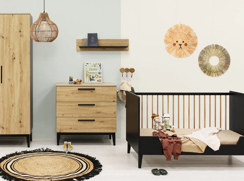 Βρεφικό Κρεβάτι Xem 70x140cm  Matt Black + Oak ToiToiKids