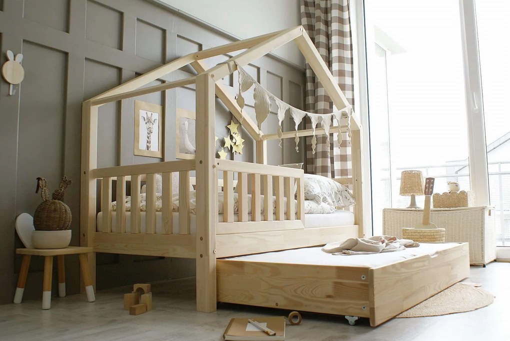 Κρεβάτι Παιδικό Montessori House Bed Plus με κάγκελα 30cm  +  Συρτάρι  Ύπνου σε Φυσικό  Ξύλο  90×190cm  Luletto (Δώρο 10% έκπτωση στο Στρώμα)