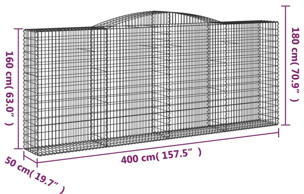 Συρματοκιβώτια Τοξωτά 2 τεμ. 400x50x160/180 εκ. Γαλβαν. Ατσάλι - Ασήμι