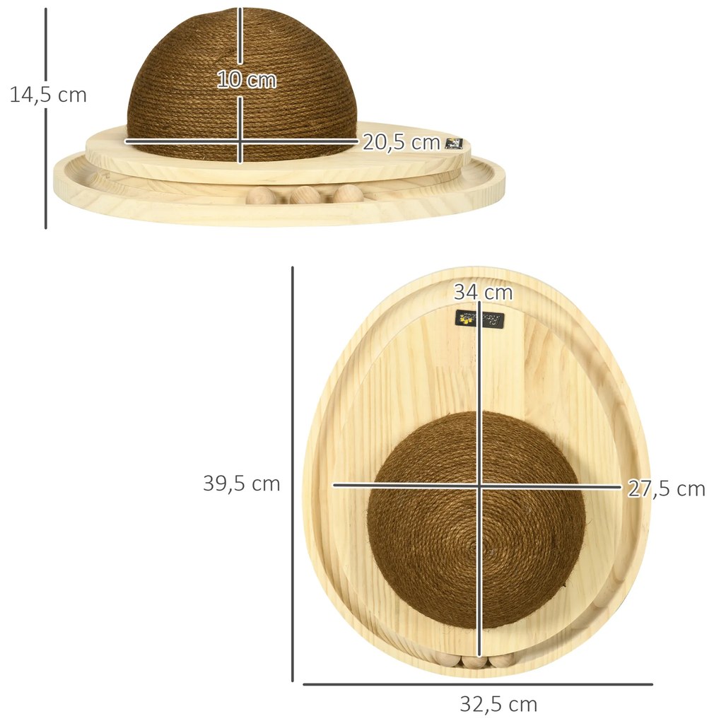 PawHut Διαδραστικό Παιχνίδι Γάτας, Επιφάνεια Ξυσίματος, Οβάλ Κανάλι Μπάλας, Ξύλο Πεύκου, 39,5 x 32,5 x 14,5 cm