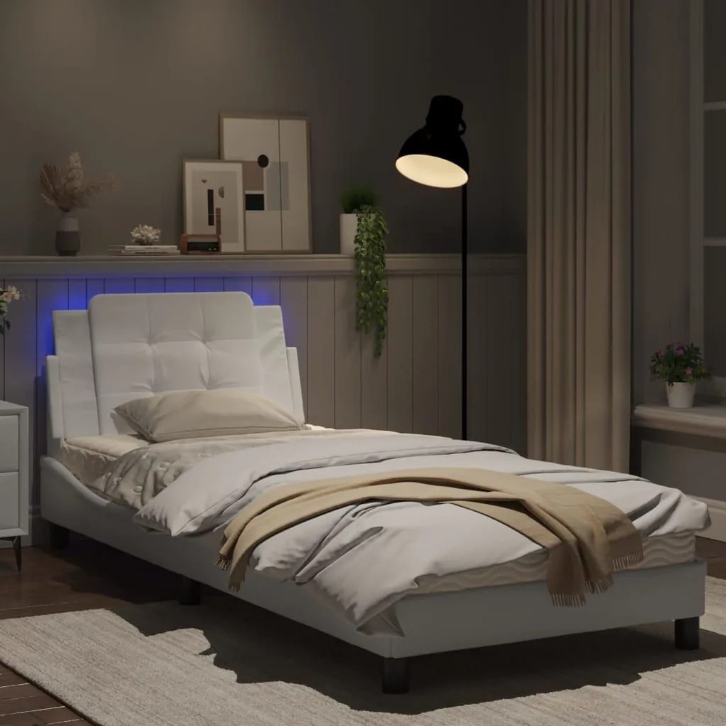 Πλαίσιο Κρεβατιού με LED Λευκό 90 x 200 εκ. Συνθετικό Δέρμα - Λευκό