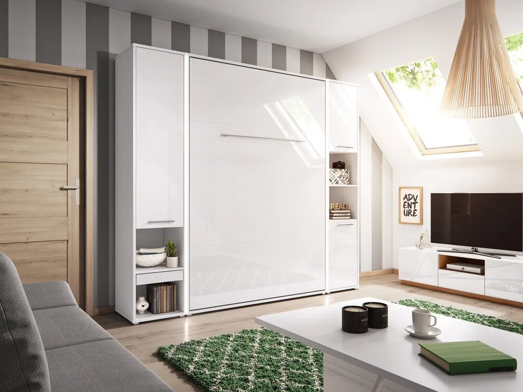 Σετ επίπλων Concept Pro Lenart AH145, Γυαλιστερό λευκό, Άσπρο, Πλαστικοποιημένη μοριοσανίδα, Τάβλες για Κρεβάτι, 90x200, Μονόκλινο, Με συρτάρια, Με πόρτες