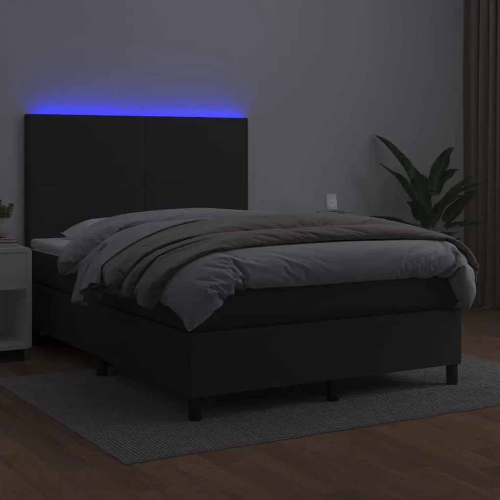 vidaXL Κρεβάτι Boxspring με Στρώμα & LED Μαύρο 140x190 εκ. Συνθ. Δέρμα