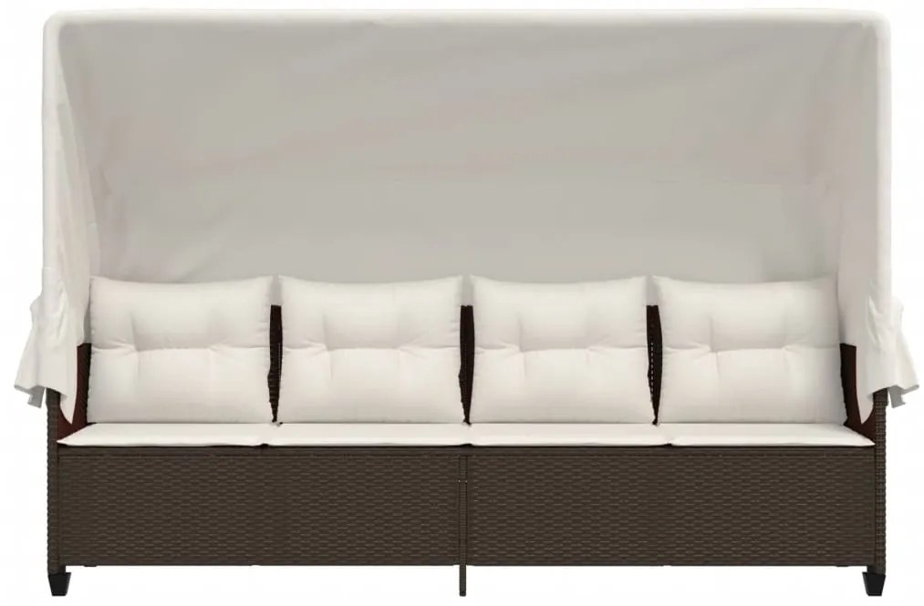 vidaXL Ξαπλώστρα Καφέ Συνθετικό Ρατάν με Σκίαστρο και Μαξιλάρια