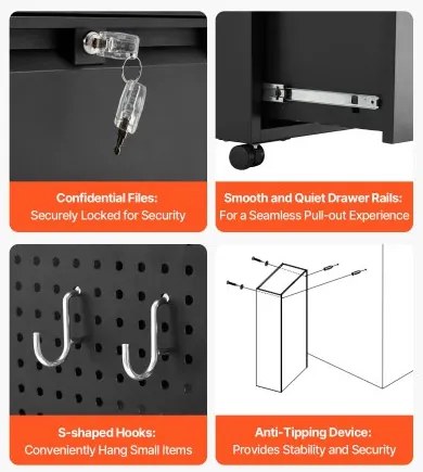 VEVOR 2 Drawers Lateral Metal File Cabinet with Lock and Hanging Rod Black