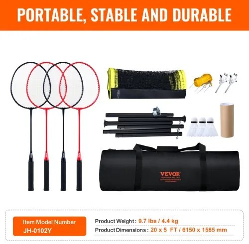 VEVOR Badminton Net Set, Outdoor Backyard Beach Park Badminton Net, Portable Badminton Equipment Set, Adults Kids Badminton Net with Poles, Carrying Bag, 4 Iron Rackets, and 3 Nylon Shuttlecocks