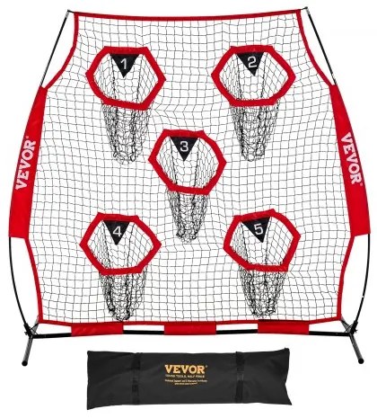 VEVOR 1828.8x1828.8mm Football Trainer Throwing Net, Training Throwing Target Practice Net with 5 Target Pockets, Knotless Net Includes Straps and Portable Carry Case, Improve QB Throwing Accuracy,Red
