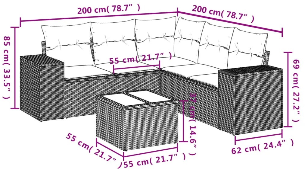vidaXL Καναπές Κήπου 6 Τεμαχίων Μαύρο από Συνθετικό Ρατάν με Μαξιλάρια