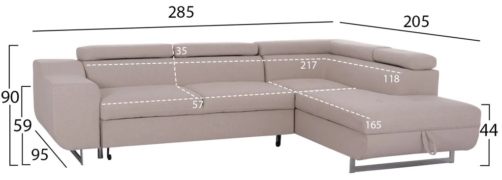 ΓΩΝΙΑΚΟΣ ΚΑΝΑΠΕΣ-ΚΡΕΒΑΤΙ ΜΕ ΑΠΟΘ.ΧΩΡΟ ENCORE HM3301.03R ΜΠΕΖ ΥΦΑΣΜΑ 285x205x90Υεκ.