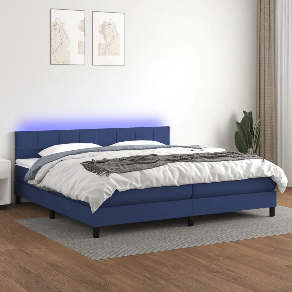 Κρεβάτι Boxspring με Στρώμα & LED Μπλε 200x200 εκ. Υφασμάτινο