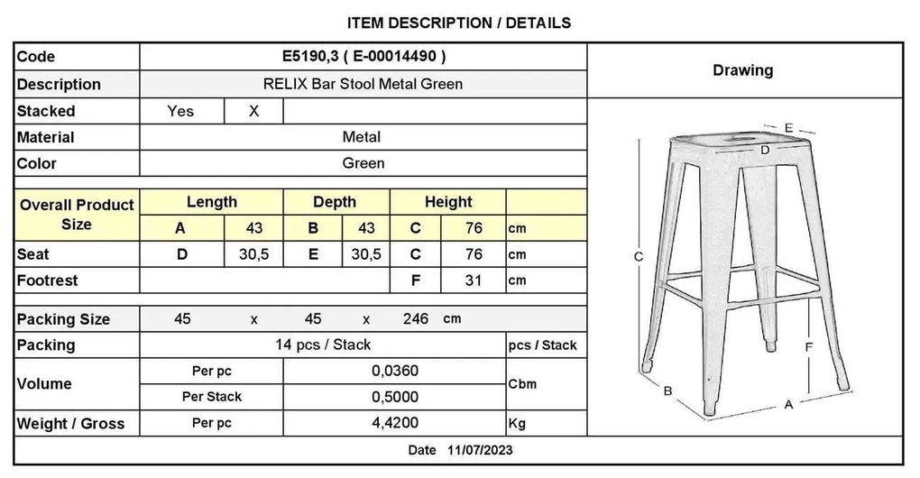 Σκαμπώ RELIX Wood  BAR Μεταλ.Πράσινο 43x43 H.76cm