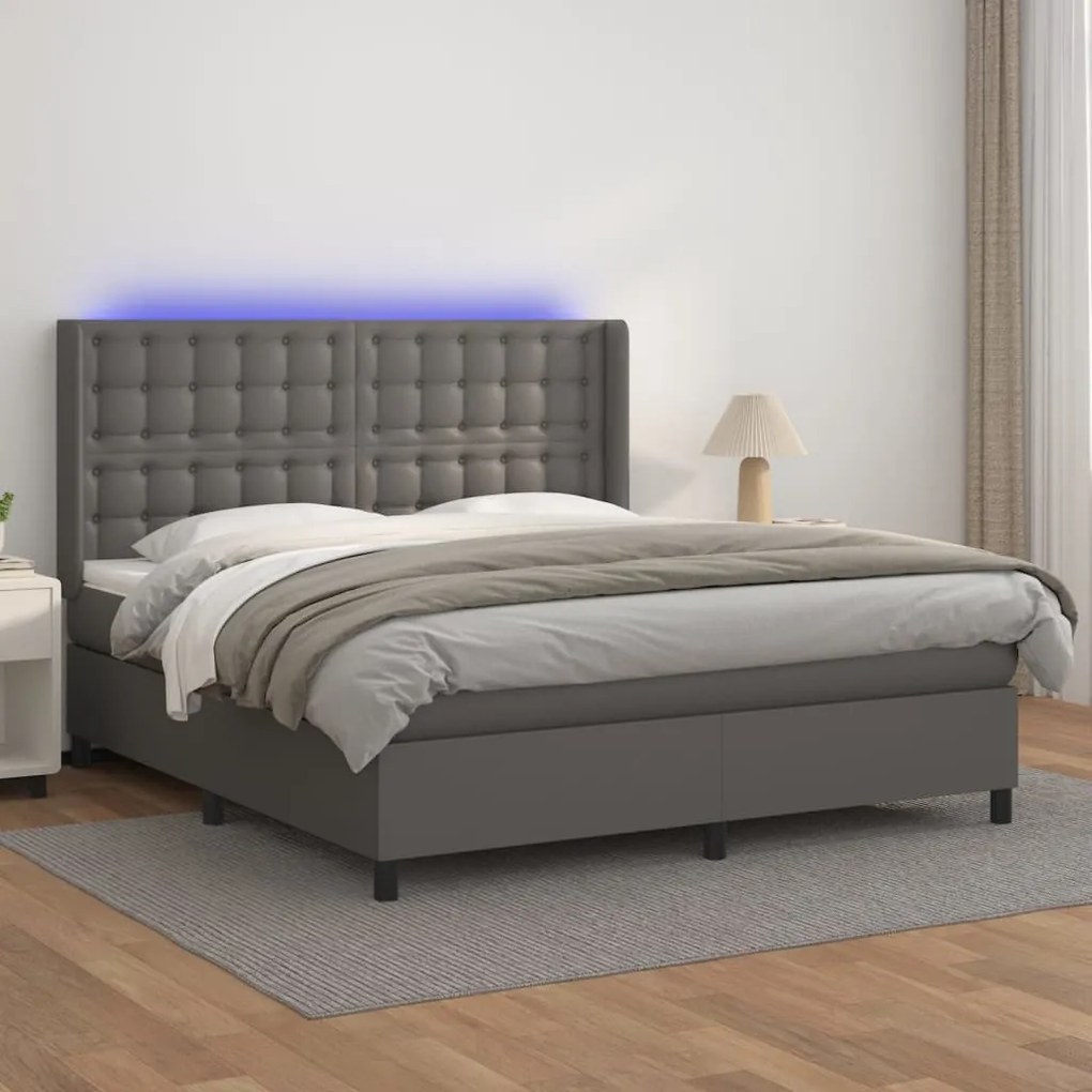 Κρεβάτι Boxspring με Στρώμα &amp; LED Γκρι 160x200 εκ. Συνθ. Δέρμα