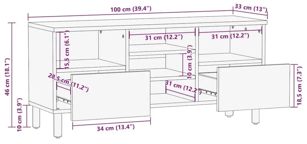 Ντουλάπι τηλεόρασης καφέ 100x33x46 cm μασίφ ξύλο Mango - Καφέ