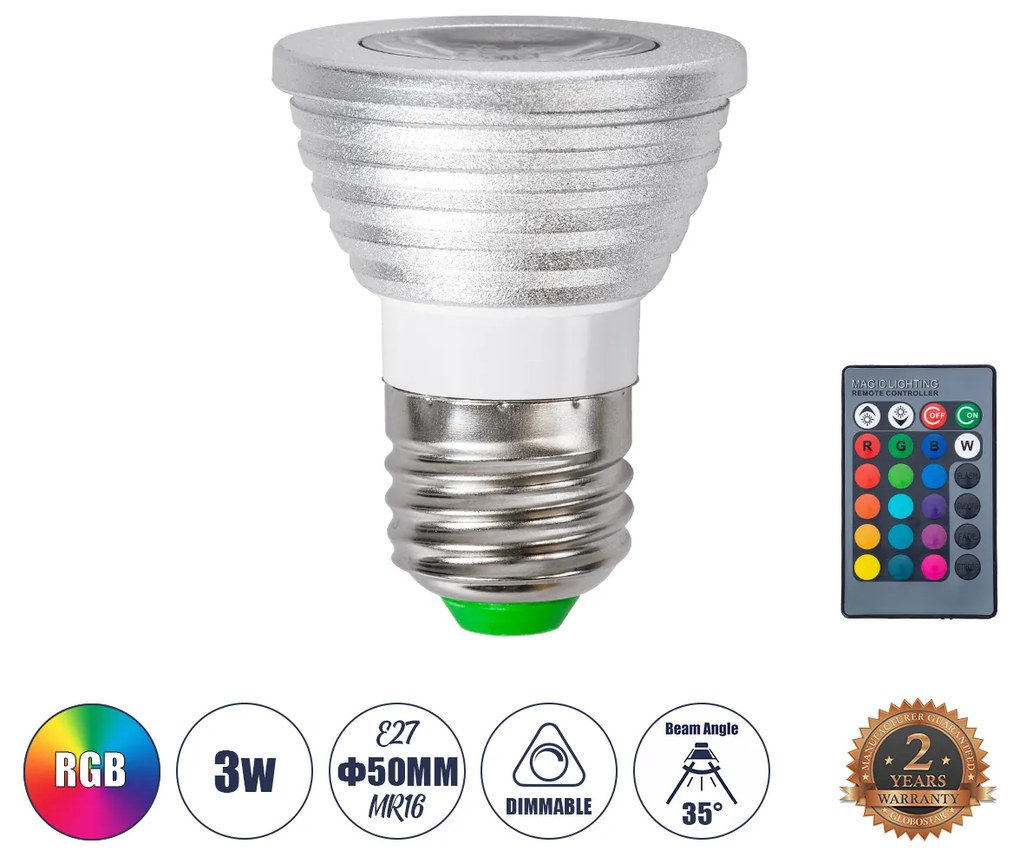 GloboStar 76066 Σποτ LED E27 MR16 3W 200lm 90° AC 220-240V IP20 Φ5 x Υ8.5cm - Εναλλαγή Φωτισμού μέσω Τηλεχειριστηρίου RGB - Dimmable - 2 Χρόνια Εγγύηση - 76066