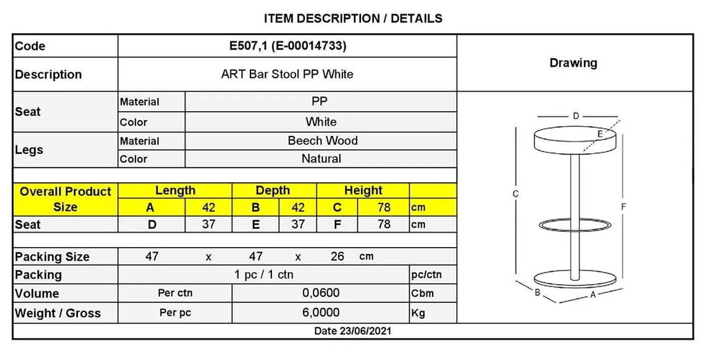 Σκαμπώ Art Wood Bar PP Λευκό 37x37 H.78cm