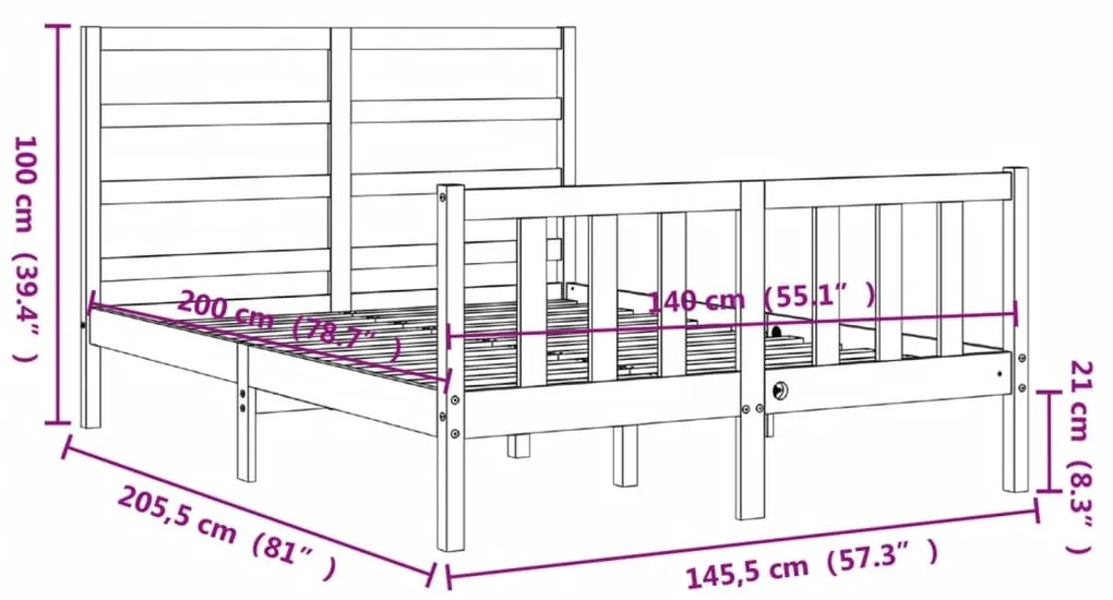 Πλαίσιο Κρεβατιού με Κεφαλάρι Μαύρο 140x200 εκ. Μασίφ Ξύλο - Μαύρο