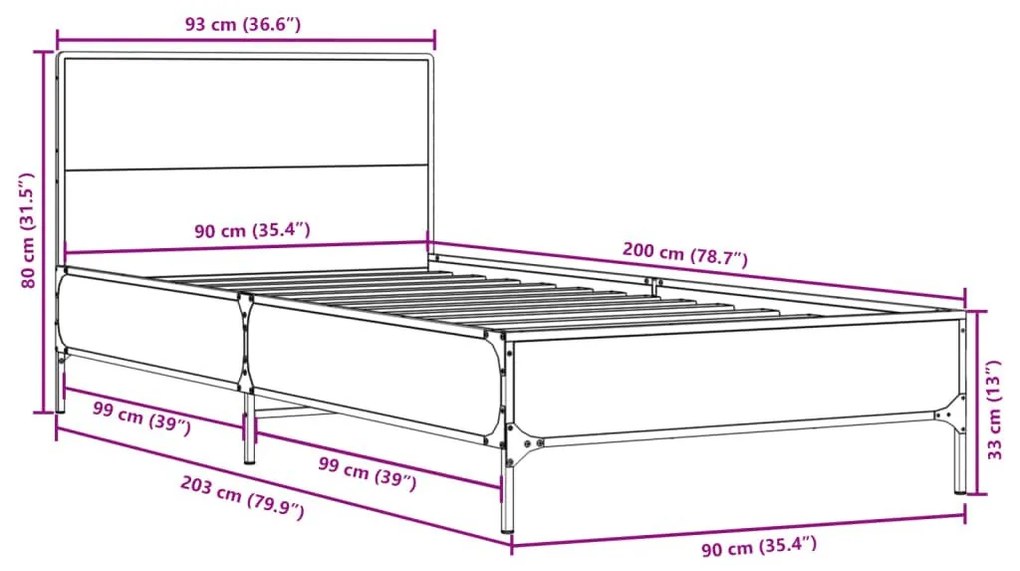 Πλαίσιο Κρεβατιού Γκρι Sonoma 90x200 εκ. Επεξ. Ξύλο &amp; Μέταλλο - Γκρι