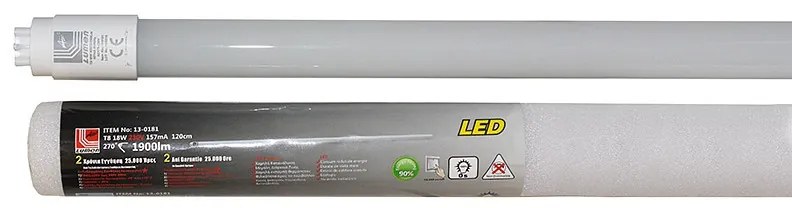 Adeleq Λάμπα LED Γυάλινη T8 120Cm 18W 230V Διπλής Τροφοδοσίας Λευκό 13-0181