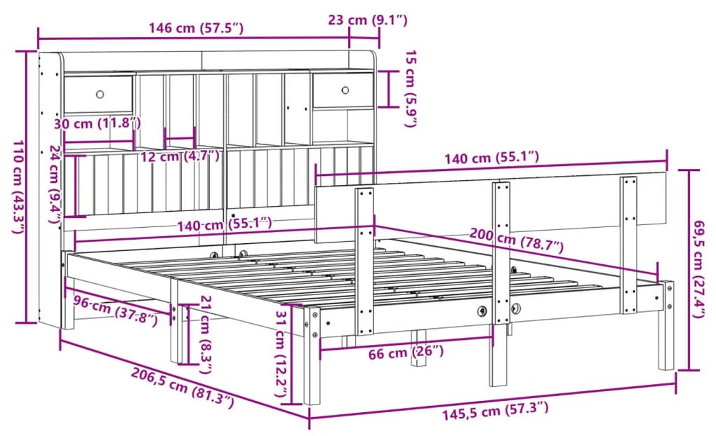 ΚΡΕΒΑΤΙ ΒΙΒΛΙΟΘΗΚΗ ΧΩΡΙΣ ΣΤΡΩΜΑ 140X200 ΕΚ ΜΑΣΙΦ ΞΥΛΟ ΠΕΥΚΟ 3321834