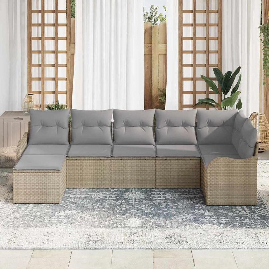 vidaXL Σετ Καναπέ Κήπου με μαξιλάρι 7 pcs Μπεζ Πολυ ράταν