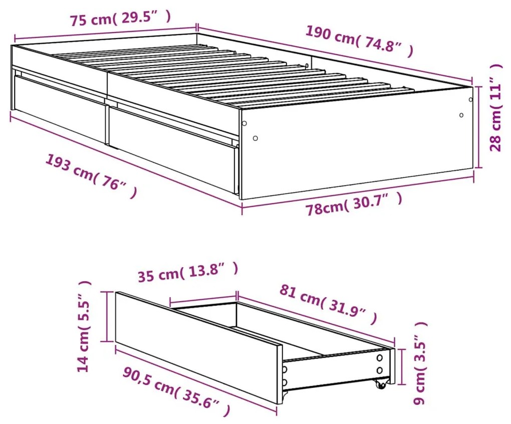 Πλαίσιο Κρεβατιού με Συρτάρια Καφέ Δρυς 75x190 εκ. - Καφέ