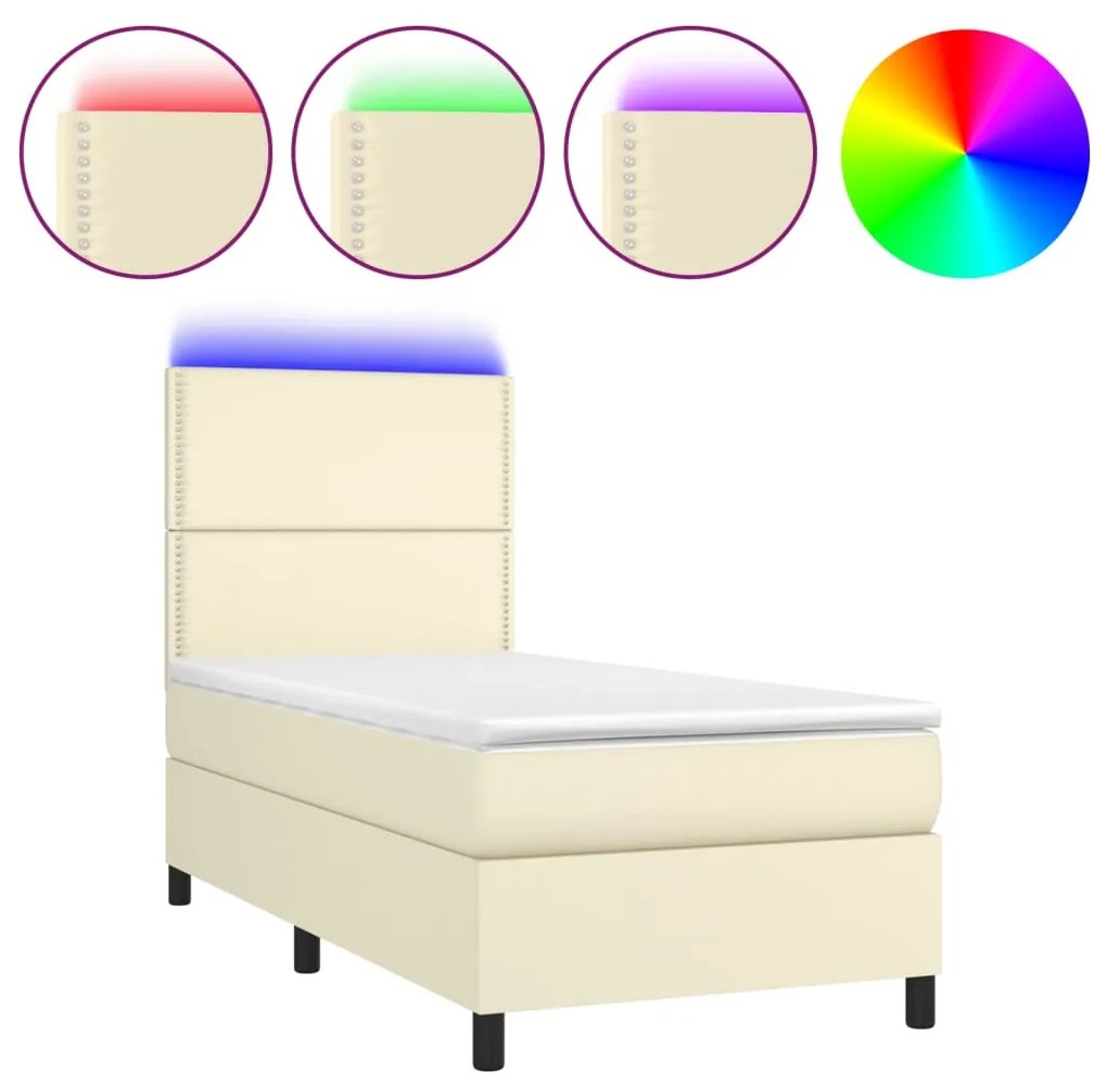 Κρεβάτι Boxspring με Στρώμα &amp; LED Κρεμ 100x200 εκ. Συνθ. Δέρμα - Κρεμ