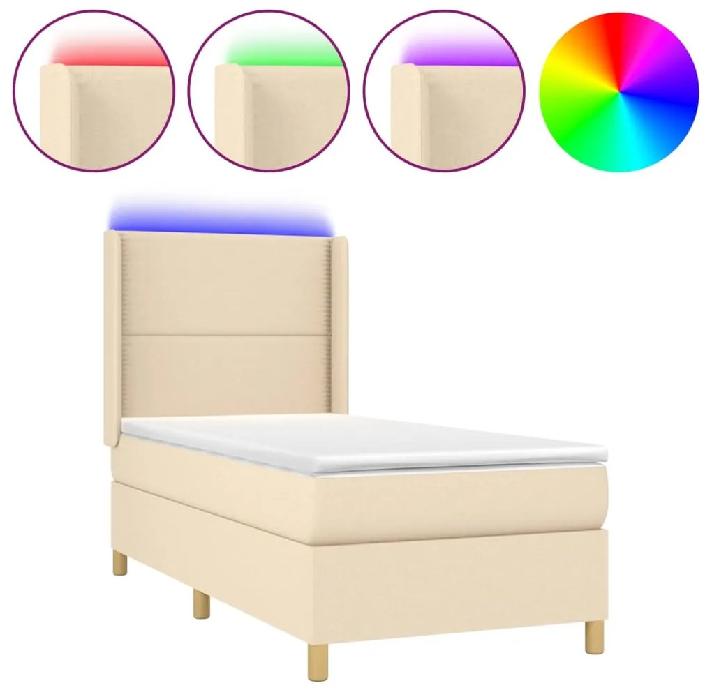 vidaXL Κρεβάτι Boxspring με Στρώμα &amp; LED Κρεμ 90x190 εκ. Υφασμάτινο