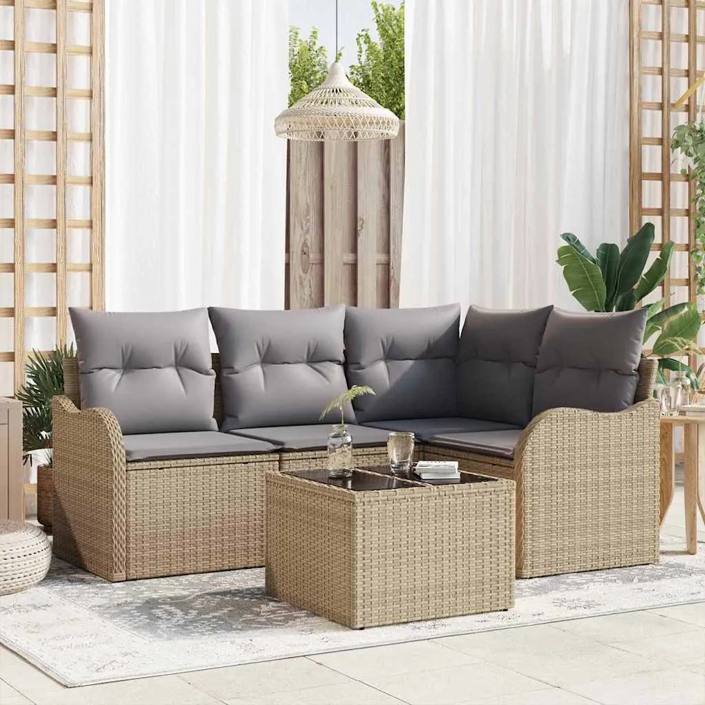 vidaXL Σετ Καναπέ Κήπου με μαξιλάρι 5 pcs Μπεζ Πολυ ράταν