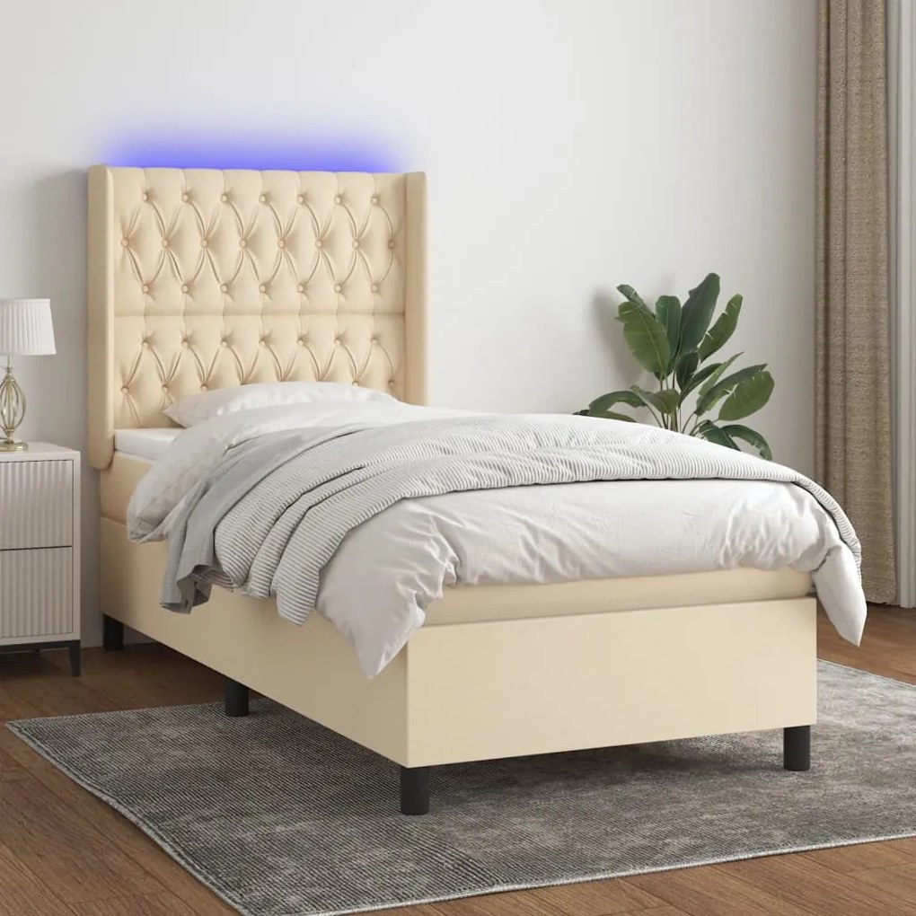 Κρεβάτι Boxspring με Στρώμα &amp; LED Κρεμ 90x190 εκ. Υφασμάτινο - Κρεμ