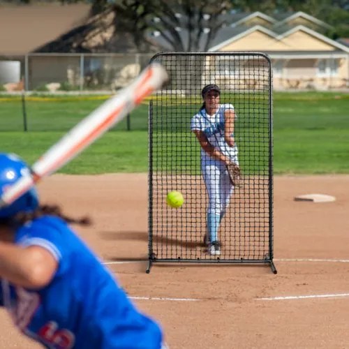 VEVOR I Screen Baseball for Batting Cage, 7x4 ft Baseball Softball Safety Screen, Body Protector Portable Batting Screen with Carry Bag &amp; Ground Stakes, Heavy Duty Pitching Net for Pitchers Protection