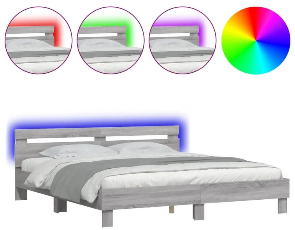 vidaXL Πλαίσιο Κρεβατιού με Κεφαλάρι/LED Γκρι Sonoma 200x200 εκ.
