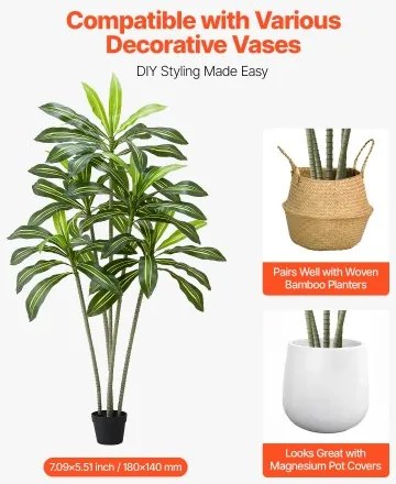 VEVOR 1829 mm Artificial Dracaena Tree Fake Plant with White Planter Indoor