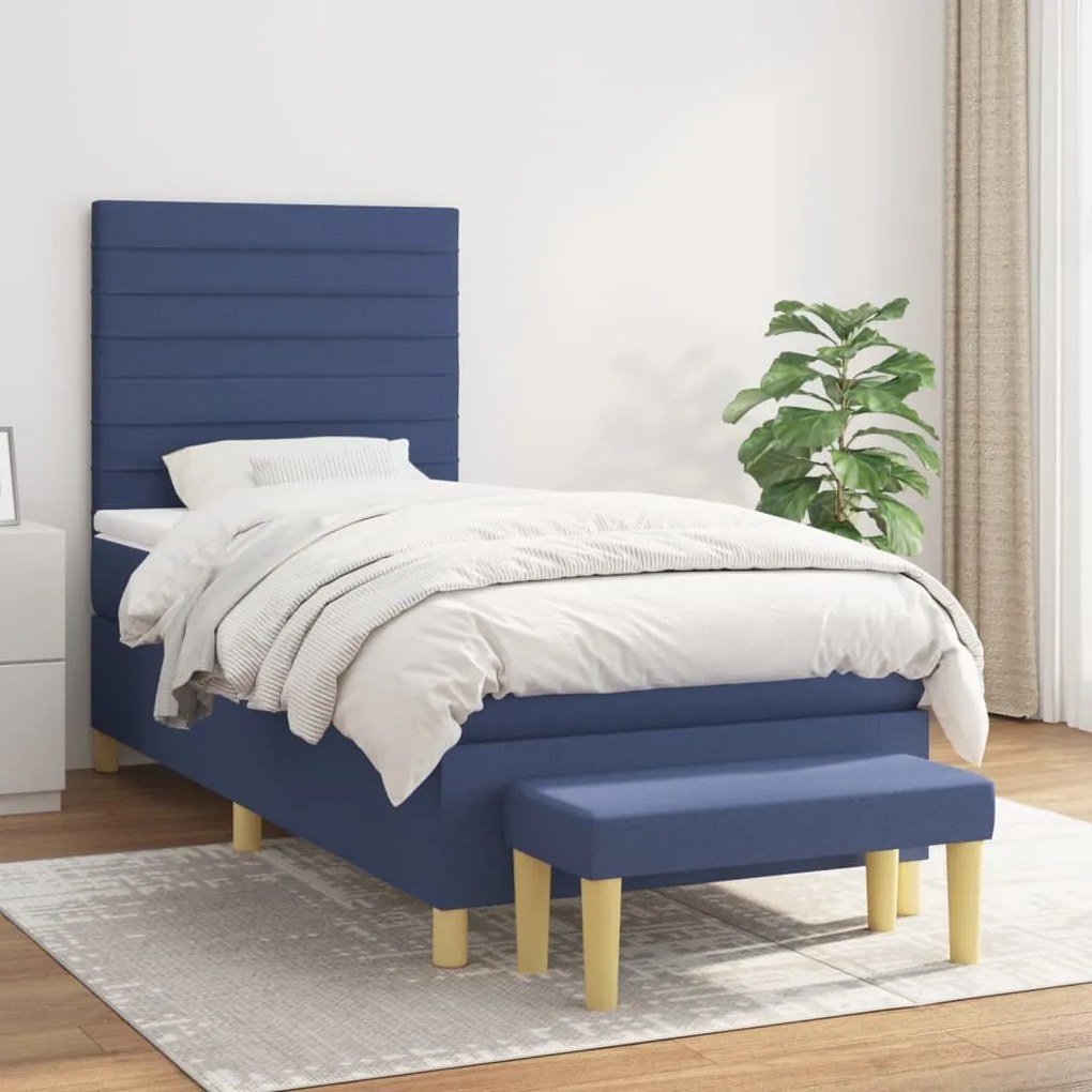 Κρεβάτι Boxspring με Στρώμα Μπλε 100 x 200 εκ. Υφασμάτινο - Μπλε