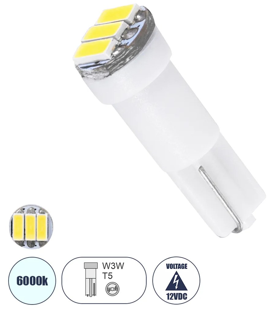 GloboStar® 81036 Λάμπα Αυτοκινήτου LED T5 3xSMD4014 0.9W 135lm 120° DC 12-16V IP20 Φ0.6 x Υ1.8cm Ψυχρό Λευκό 6000K