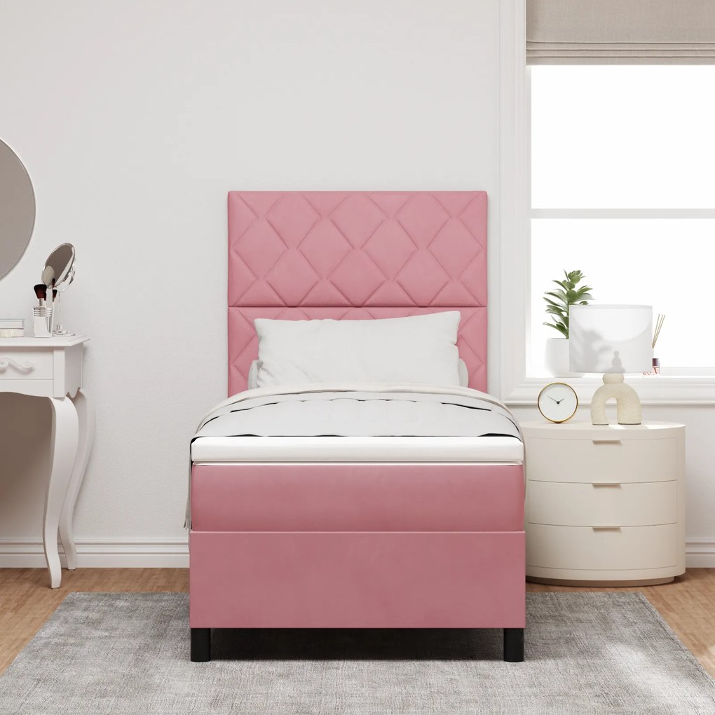 vidaXL Κρεβάτι Box Spring με Στρώμα & LED Ροζ 90x190 εκ. Βελούδου