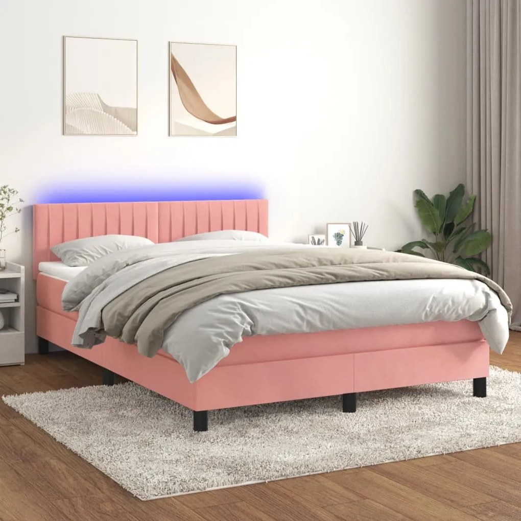 Κρεβάτι Boxspring με Στρώμα &amp; LED Ροζ 140x190 εκ. Βελούδινο - Ροζ