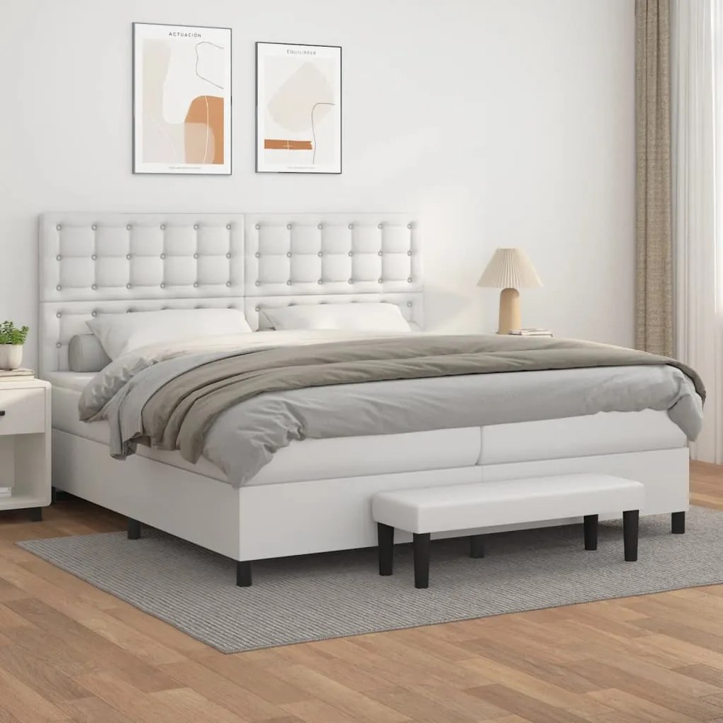 vidaXL Κρεβάτι Boxspring με Στρώμα Λευκό 200x200 εκ. Συνθετικό Δέρμα