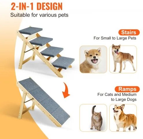 VEVOR  Wooden Pet Stairs/Pet Step with 4 Steps 2-in-1 Foldable Dog Stair 150 lbs