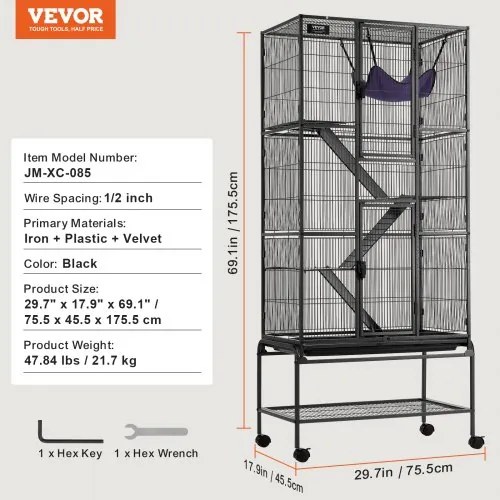 VEVOR 69&quot; Metal Small Animal Cage 4-Tier Rolling Ferret Cage with Tray 3 Ramps