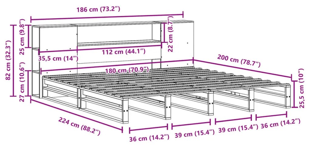 Κρεβάτι Βιβλιοθήκη Χωρίς Στρώμα Λευκό 180x200 εκ Μασίφ Ξύλο - Λευκό