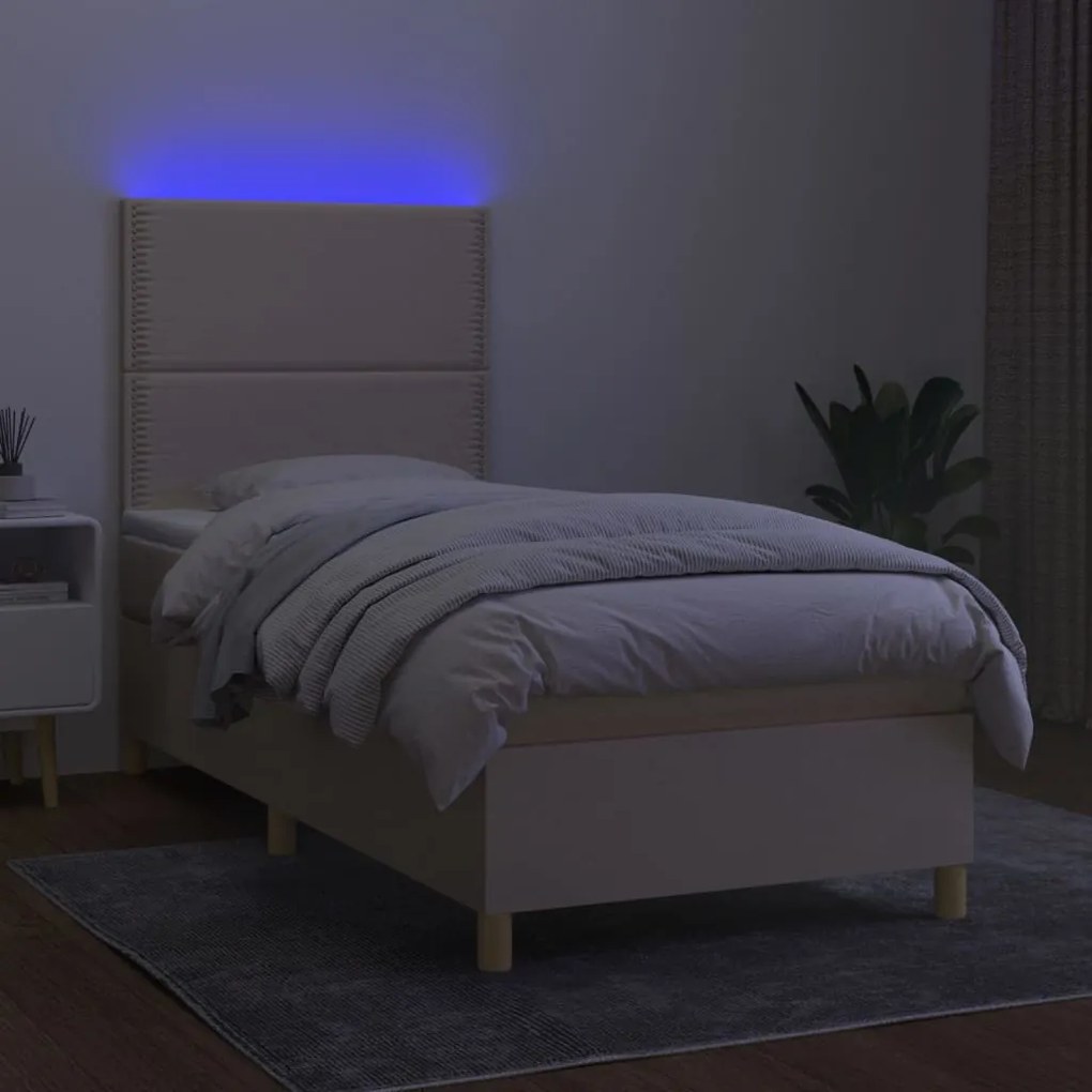 vidaXL Κρεβάτι Boxspring με Στρώμα & LED Κρεμ 90x200 εκ. Υφασμάτινο